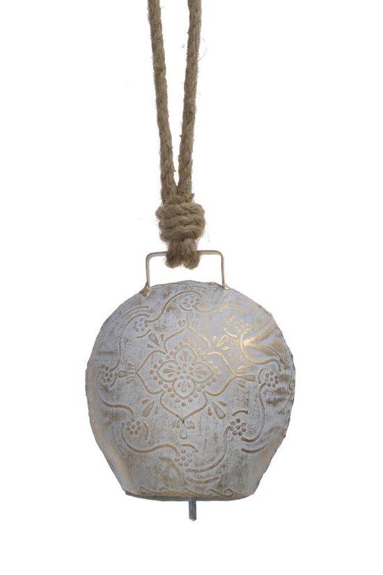 Dekorace plechový barvený kravský zvon s ornamenty 13x12cm..11cmLx7cmWx13cmH