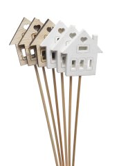 Dekorace dřevěný domek zápich domek 4,5 x 5cm, celý zápich 30cm - 6ks
