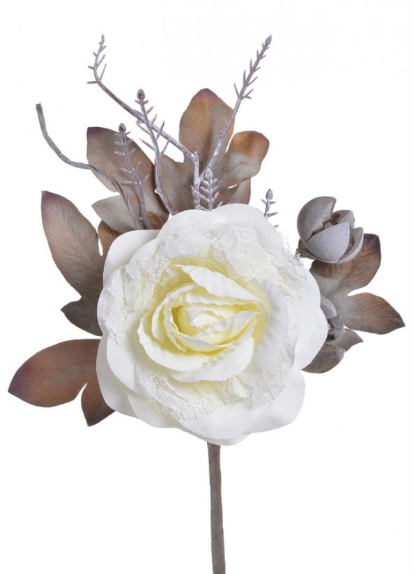 Umělá růže s krajkou na drátku s lístky a doplňky,  květ Ø 8cm/ zápich celkem 25cm_12