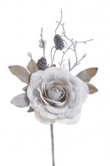 Umělá růže s krajkou na drátku s lístky a doplňky, květ Ø 9cm/ zápich celkem 25cm_01