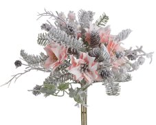 Vánoční umělá posněžená kytice s poinsettií a doplňky, květ Ø 7cm, dl.36cm