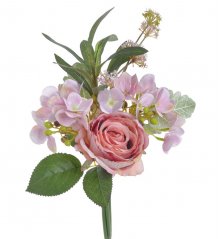 Míchaná kytice umělých hortenzií a růží s doplňky, dl. 35cm