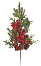 Vánoční dekorace - větvička z různého chvojí s bobulemi a šiškou dl.70cm