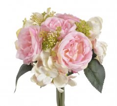 Kytice umělých růží a hortenzií s doplňky a listy - dl. 28cm
