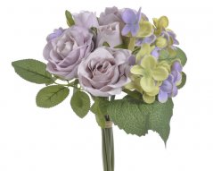 Umělá květina kytice 3 růže, 2 poupata růží a 2 hortenzie s listy dl. 25cm