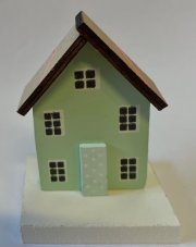Dekorace - dřevěný 3D domek na podstavci .6cmL x 4,5cmW x 9cmH