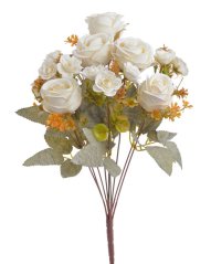 Umělá kytice růží, 6 květů s listy a doplňky  květ Ø 5cm, dl.43cm