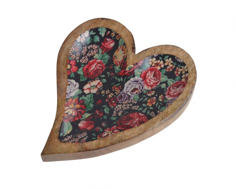 Dekorace dřevěný tácek ve tvaru srdce s květinovým vzorem 22cmLx2,5cmWx28cmH