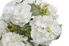 Umělá kytice míchaná s růžemi a hortenziemi, hortenzie Ø12cn, růže Ø10cm, dl. celkem 56cm