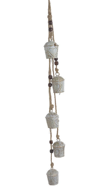 Dekorace 5 plechových kravských zvonců s ornamenty (3,5cmL x 3,5cmW x 5,5cmH) 63cmH - závěs