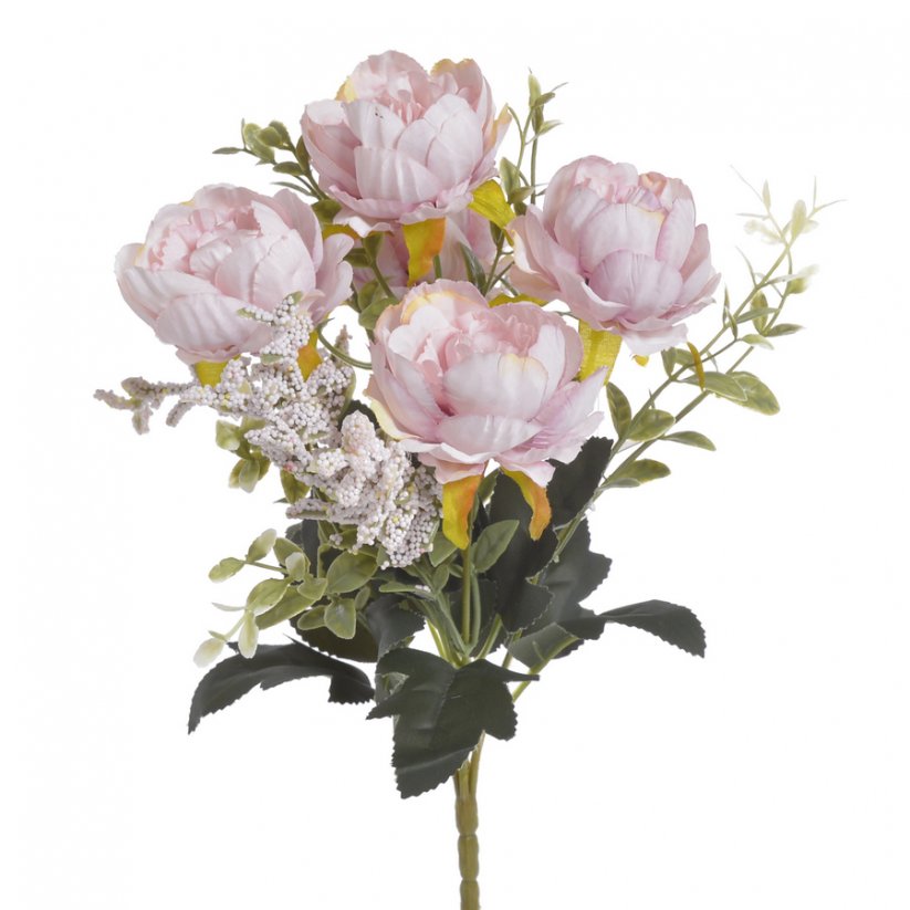 Kytice umělých růžiček s doplňky a listy, květ Ø 6cm/dl. celkem 30cm