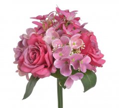 Svazek umělých růží a hortenzií s doplňky a listy, růže Ø 7cm, dl. 31cm
