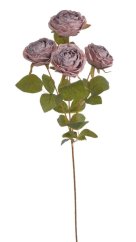Umělá usušená růže na stonku 4 květy  s listy,  hlavičky Ø 8cm, dl.64 cm