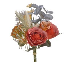 Umělá kytice míchaná z 3 růží s leucospermum, doplňky a listy, květ Ø 7cm, dl.celkem 34cm