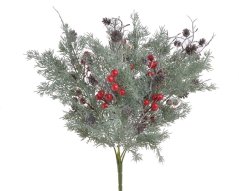 Umělá omrzlá chvojová větev s hlohem a šiškami dl. 45cm