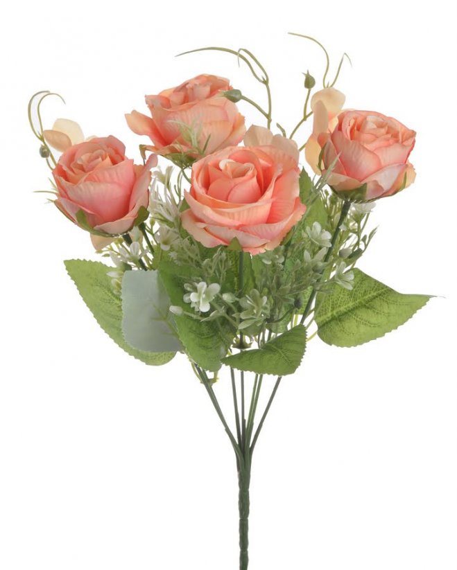 Kytice umělých růžiček s listy a doplňky, květ Ø 4,5xm/celkem dl. 30cm