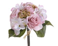 Kytice umělých hortenzií a růží s doplňky a listy dl. 30cm