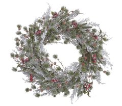 Umělý proutěný věnec s posněženými chvojovými větvičkami a doplňky Ø 55cm