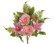 Umělá kytice 2 růží, 2 lilií s doplňky a listy, růže Ø 11cm, dl. celkem 46cm