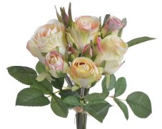 Kytice umělých růžiček, 6 květů a 3 poupata s listy, celkem dl. 27cm