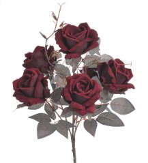 Kytice umělých 6 sametových růží s listy a doplňky, květ Ø 7cm/celkem dl. 48cm