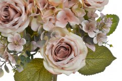 Umělá kytice 3 růží, 3 hortenzií  s doplňky a listy, květ Ø 12cm, dl. celkem 53cm