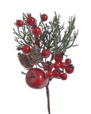 Vánoční větvička s bobulemi, šiškou a jablíčkem, dl. 25cm