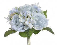 Umělá kytice míchaná z 4 růží a hortenzie s doplňky, dl. 28cm