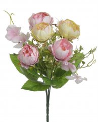 Kytice umělých růžiček , 5 květů s listy a doplňky dl. celkem 30cm