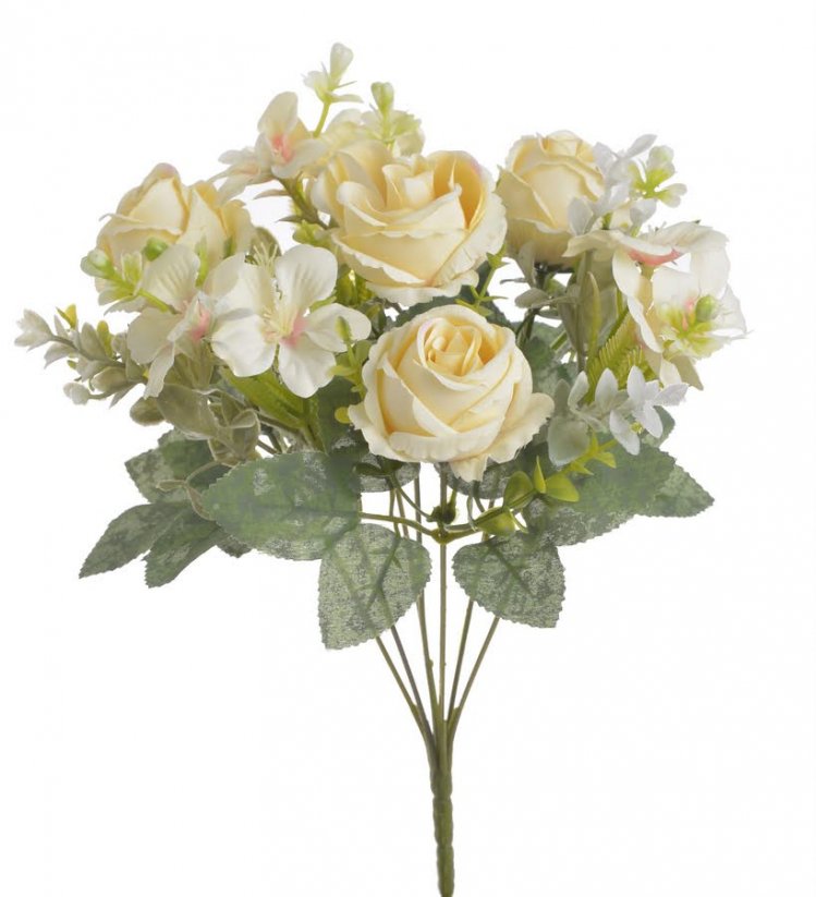 Kytička umělých růží a květů s listy a doplňky dl. celkem 34cm