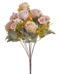 Umělá kytice růží, 6 květů s listy a doplňky  květ Ø 5cm, dl.43cm