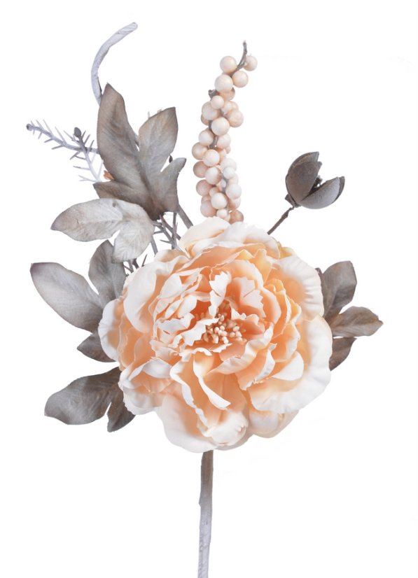 Květ umělé pivoňky s doplňky a lístky, květ Ø 9cm, zápich dl. 33cm_04