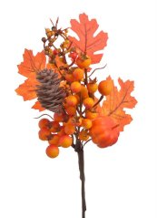 Podzimní dekorace - umělá větvička s bobulemi, šiškou a listy dl. 29cm