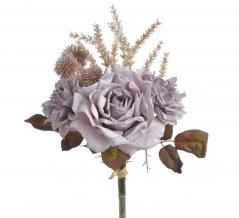 Umělá kytice míchaná z růží, dáhlií, bodláků a doplňků dl. 37cm