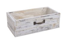 Dřevěný truhlík s kovovým úchytem bílý s patinou – 30 × 15 × 10 cm