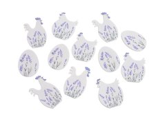 Velikonoční dekorace ve tvaru slepičky a vajíčka s potiskem  2,5-3cmL x 0,3cmW x 3,5cmH -12ks