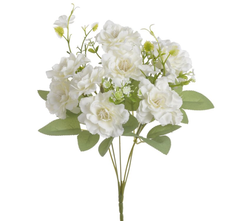 Kytička umělých mini růžiček s listy a doplňky, růžička Ø 5cm/dl. celkem 30cm