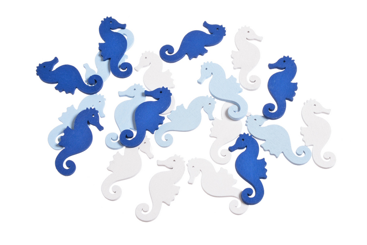 Malé dřevěné výseky - mořský koník 5 cm, 18 ks, mix barev