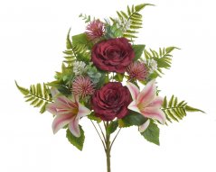 Umělá kytice 2 růží, 2 lilií s doplňky a listy, růže Ø 11cm, dl. celkem 46cm