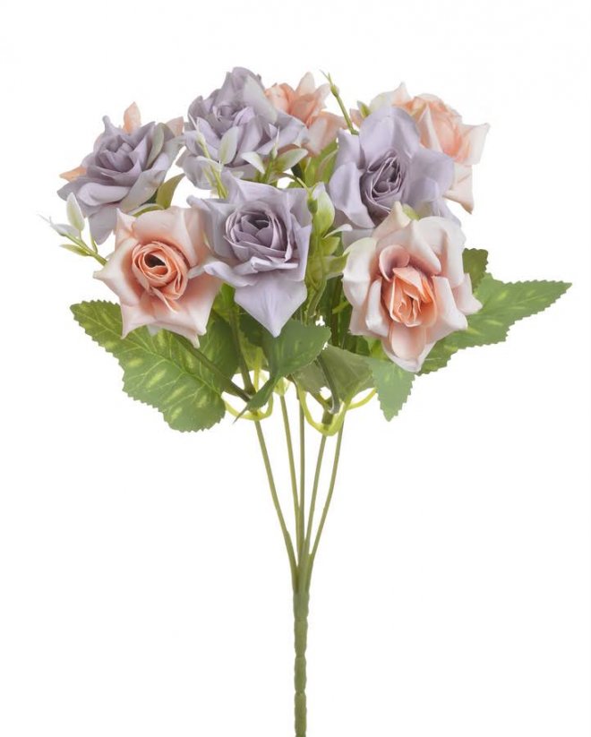 Kytice umělých růží s listy a doplňky, květ Ø 5cm/celkem dl. 30cm