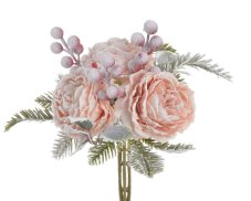Umělá posněžená kytice 3 růží s doplňky, růže Ø 7cm, dl.30 cm