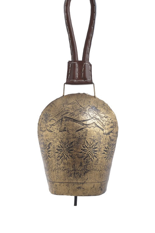 Dekorace plechový barvený kravský zvon s ornamenty (13cmLx7,5cmWx19,5cmH) 35cmH.