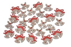 Dekorace dřevěné zvonečky s přílepkou 2 druhy - výsek 2,8-3,3cmLx0,2cmWx2,5cmH - 24ks