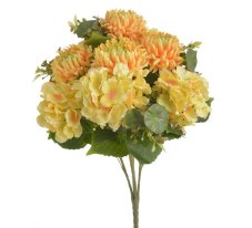 Kytice umělých 5 chryzantém a 5 hortenzií,  květ Ø 12 cm, dl. celkem 56 cm