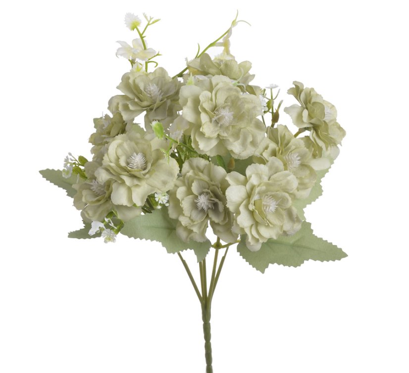 Kytička umělých mini růžiček s listy a doplňky, růžička Ø 5cm/dl. celkem 30cm