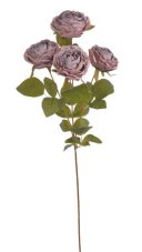 Umělá usušená růže na stonku 4 květy s listy, hlavičky Ø 8cm, dl.64 cm