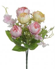 Kytice umělých růžiček , 5 květů s listy a doplňky dl. celkem 30cm