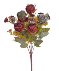 Umělá kytice růží, 6 květů s listy a doplňky  květ Ø 5cm, dl.43cm