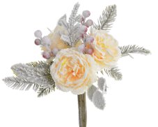 Umělá posněžená kytice 3 růží s doplňky, růže Ø 7cm, dl.30 cm