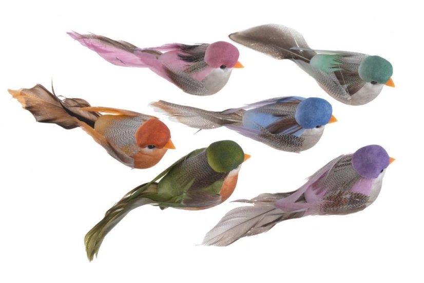 Dekorace péřový ptáček na klipu 12cmLx4cmWx4cmH - 6ks